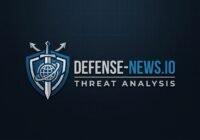 Logo for Defense-News.io Threat Analysis featuring a shield, sword crest, and globe motif in blue and gray.
