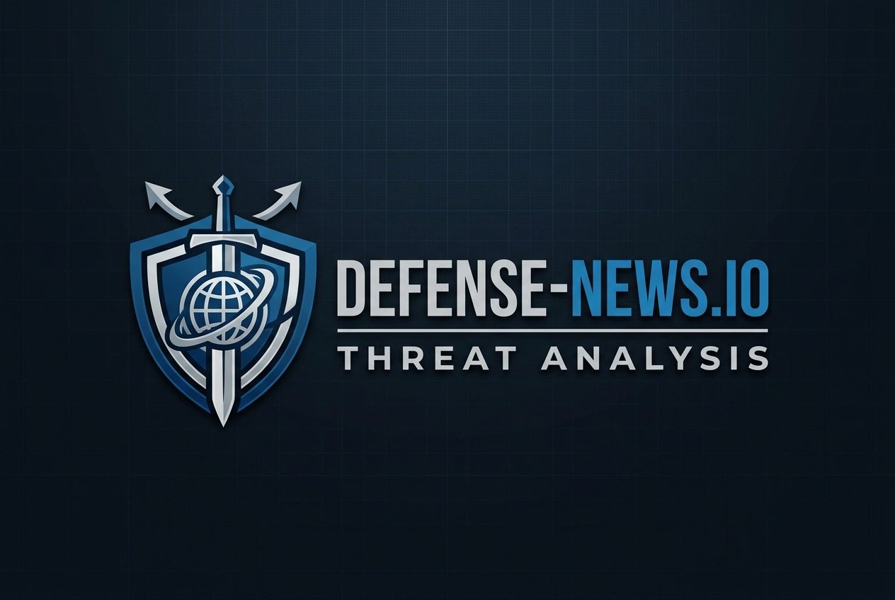 Logo for Defense-News.io Threat Analysis featuring a shield, sword crest, and globe motif in blue and gray.